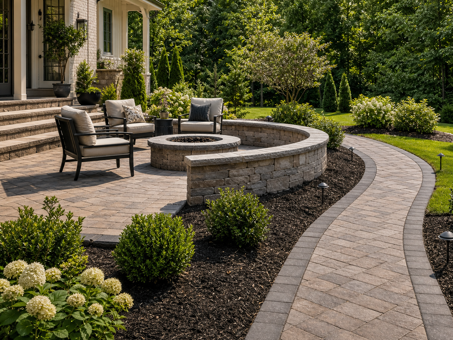 Stone patio, retaining wall, walkway, and planting beds
