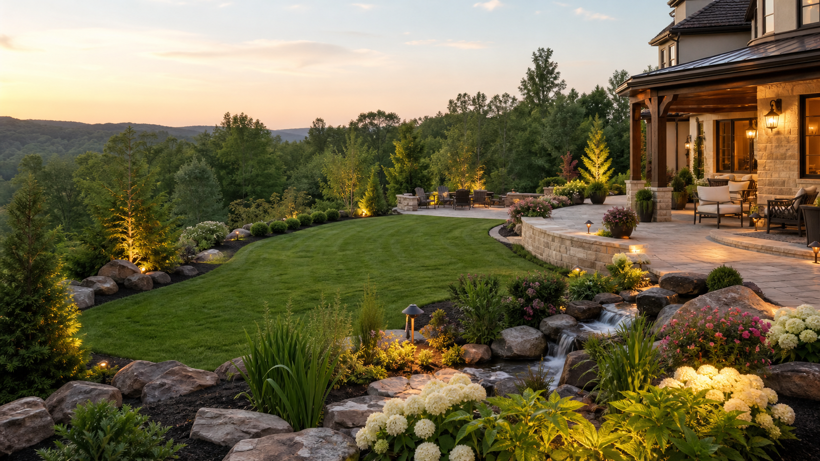 Finished backyard with patio, lawn, garden beds, water feature, and lighting