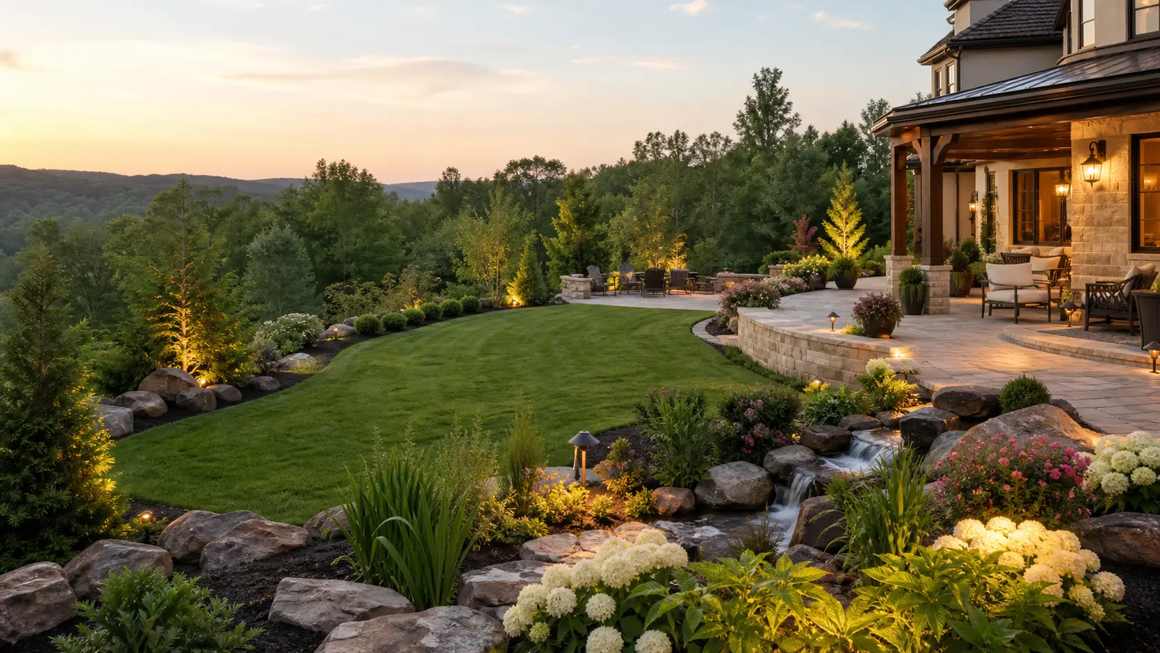 Backyard oasis with patio and lighting