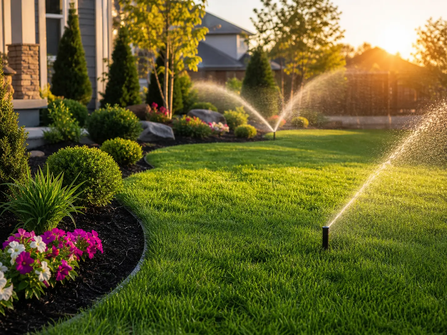 Healthy green lawn with irrigation sprinklers watering fresh landscape beds