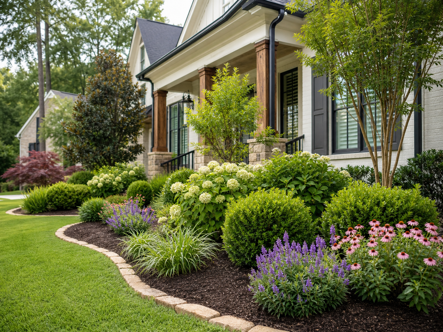 Layered Southern landscape beds with shrubs, flowers, mulch, and lawn edging