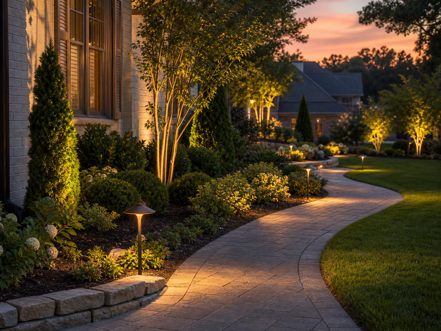 Warm low-voltage landscape lights along a garden walkway at dusk