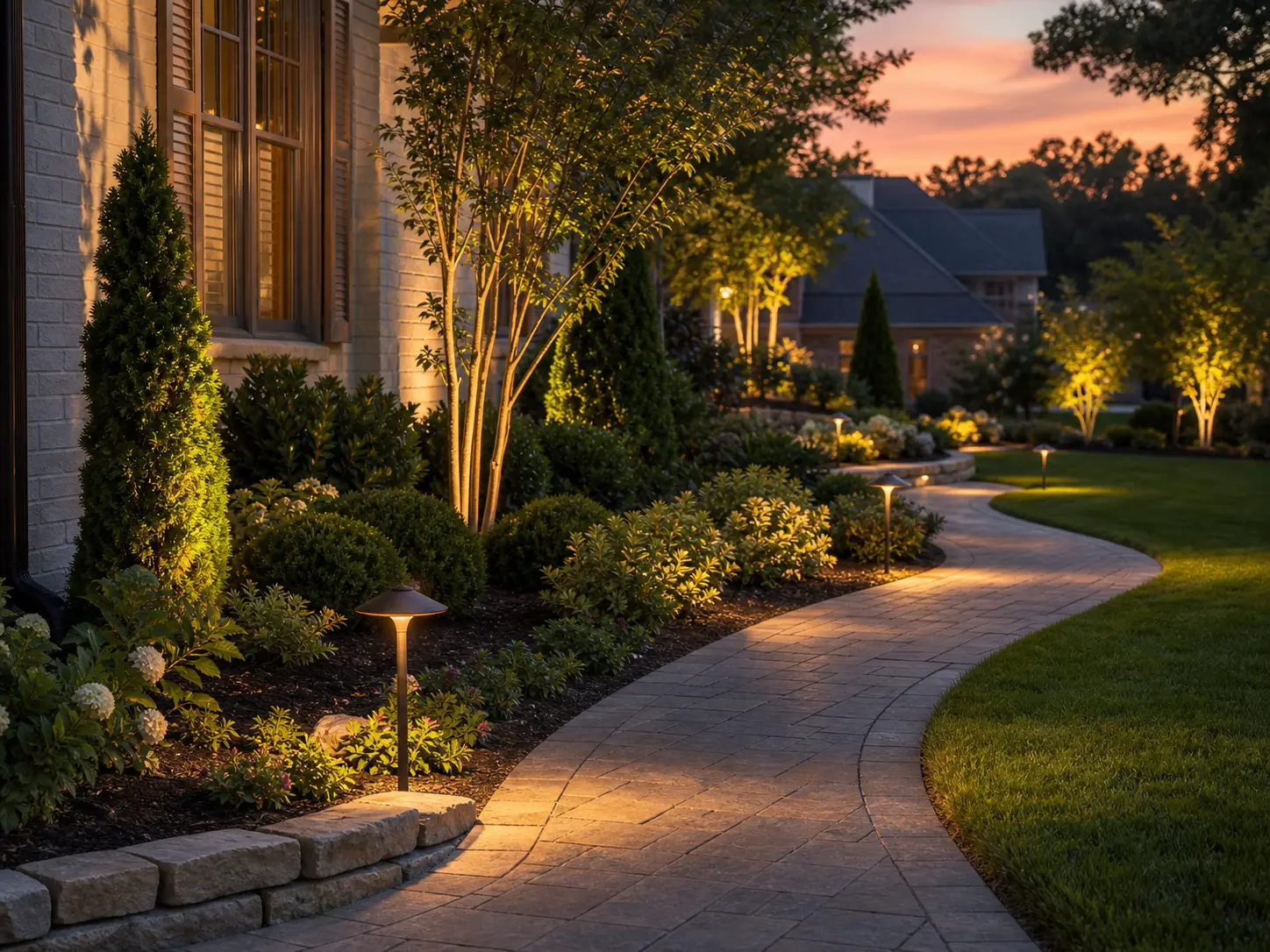 Landscape lighting on a curved walkway