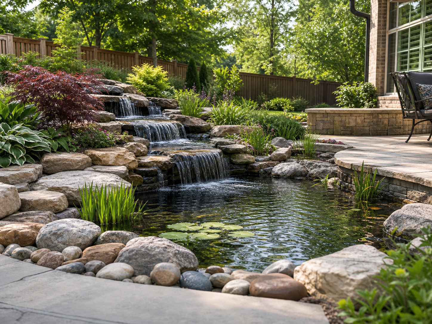 Residential pond and waterfall with natural stone and lush garden beds